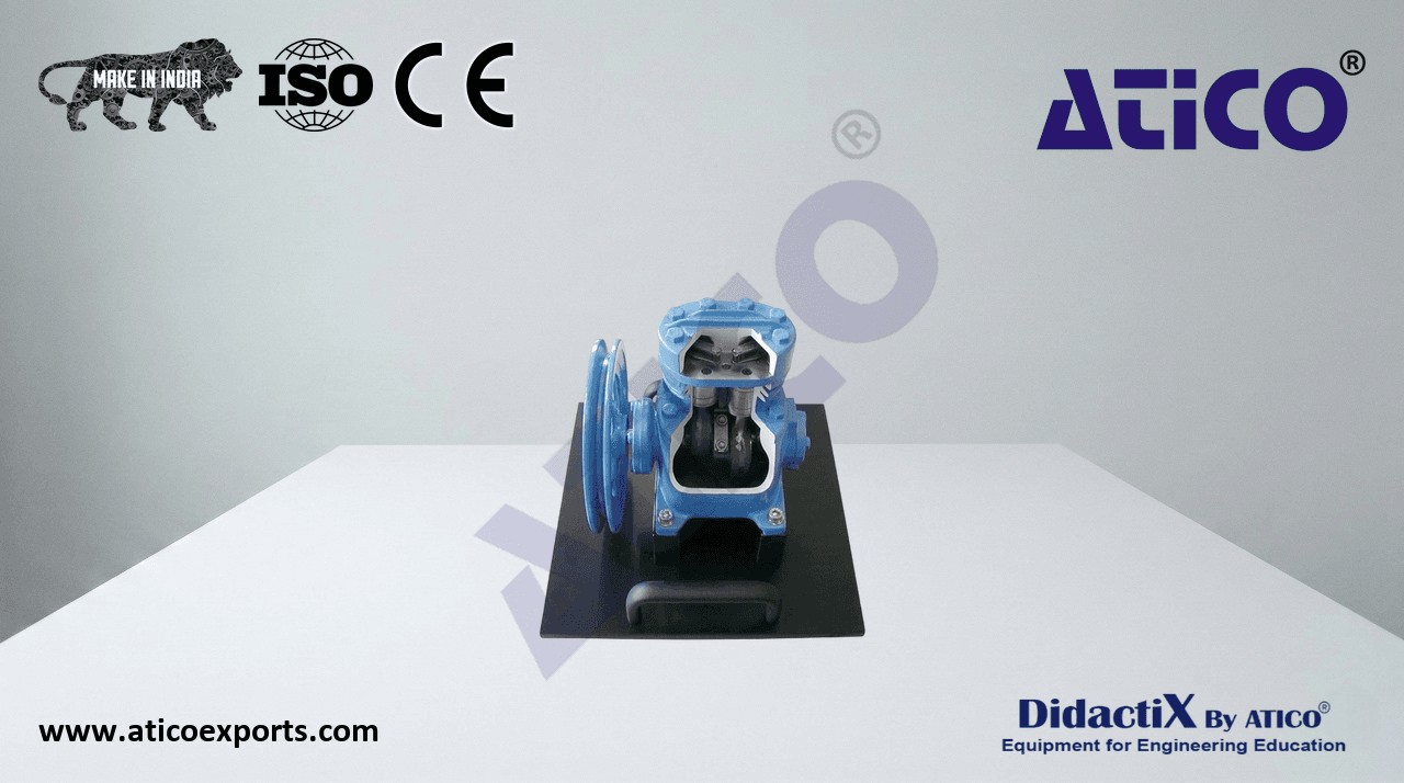 Cutaway model: open refrigerant compressor, 2-cylinder
