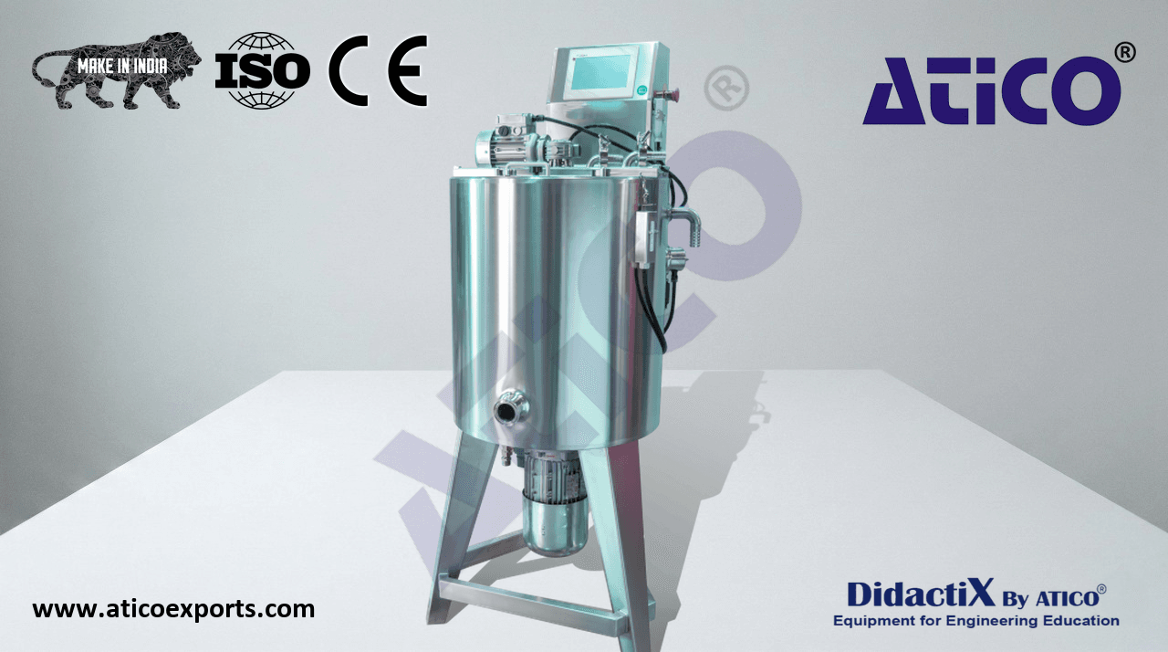Stainless steel industrial mixer with a cylindrical vessel and an integrated control panel.