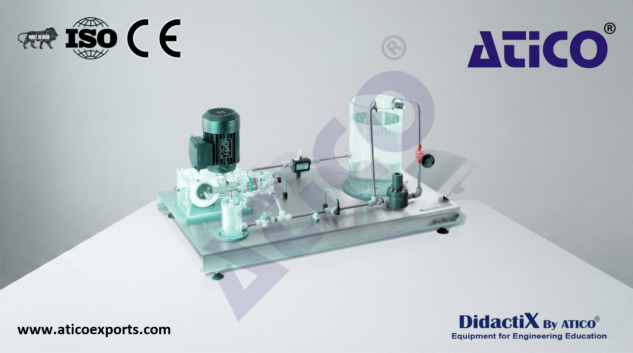 Laboratory setup featuring a motor, pumps, clear tank, and gauges on a rectangular base.