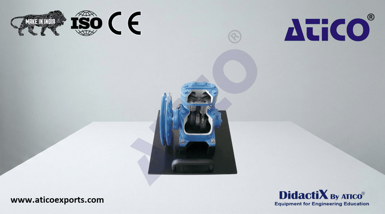 Cutaway model: open refrigerant compressor, 2-cylinder