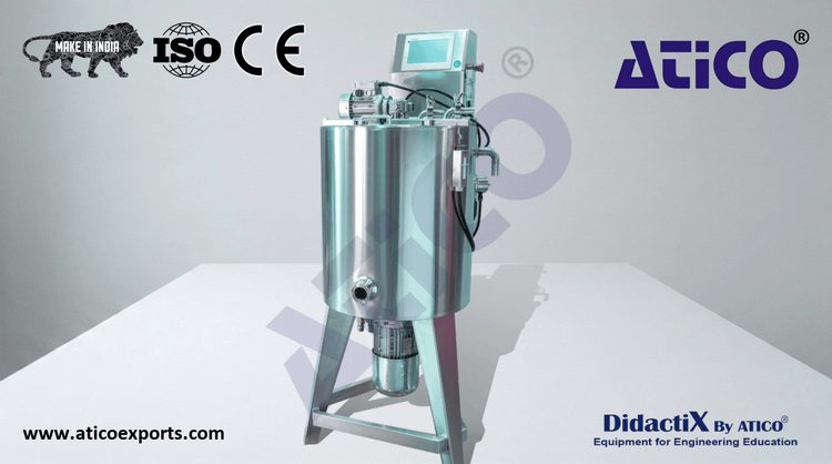 Stainless steel industrial mixer with a cylindrical vessel and an integrated control panel.